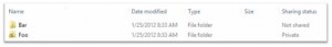 Две папки. В первой (Foo) используется наложение замка, во второй (Bar) - статус доступа, означающий, что папка приватная