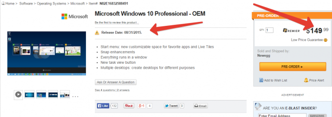 Известны цена и дата релиза Windows 10